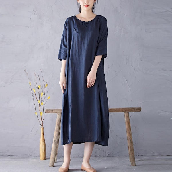 Women's linen dress, linen Robe, Summer Solid Color A-line dress, Short Sleeve Dress, Long Buckle Loose Large Size Round Neck dress N199