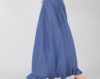Cotton Linen Skirt for Women Vintage Maxi Skirt Bohemian Summer Skirts With Ruffle Hem Loose Skirts A-line Elastic Waist PlusSize Skirt R12H