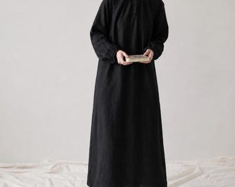 Handmade Linen Maxi Dress: Long Sleeve Oversized Kaftan with Pockets F844