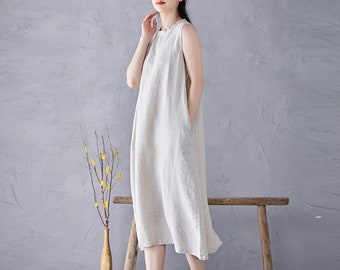 Women linen dress sleeveless linen summer dress linen midi dress Casual loose oversized dress boho Women's clothing N217