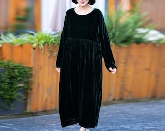 Women velvet dress, Oversize velvet dress, Fall Winter Velvet Dress, Long Sleeve Dress, Loose Casual Plus Size Dress, plus size robe  N157