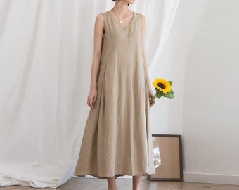 Abiti in lino senza maniche, abito lungo in lino, abito oversize personalizzato boho morbido casual estivo autunno abbigliamento taglie forti N168