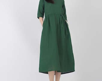 High Waist Dress Linen Midi Dress Half Sleeves Linen Tunic Shift Dresses Linen Summer Dress Loose Fit PlusSize Clothing Mothers Day Gift F46