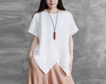 Women&#39;s linen tops cotton linen blouses oversized shirt short sleeves tops loose casual spring and summer top Custom plus size clothing N187