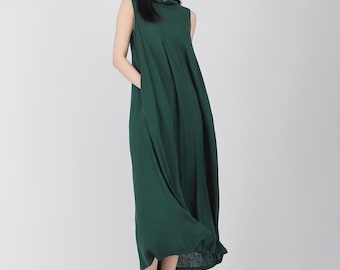 Women's cotton linen Sleeveless dress high neck maxi dress boho summer dress with side pockets minimalist dress handmade casual dress A62