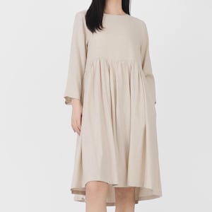 Cotton Linen Dress with Pockets Linen Loose Fit Dress Knee Length Skater Dress Casual Soft Dress with 3/4 Sleeves and Crew Neckline F579 618