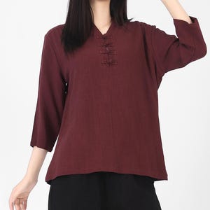 Women&#39;s cotton linen tops vintage shirt 3/4 sleeves V neck shirt loose casual spring and summer top Custom headmade Chinese clothing B68 06
