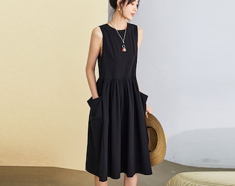 Women's linen cotton dress sleeveless dress linen loose dress linen madi dress oversized clothing plus size dress summer dress N236