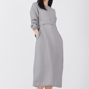Long sleeve linen dress Long 100% linen wrap dress for woman midcalf belt dress waist belt dress  oversized dress fall spring dress F584 619