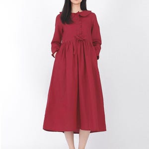 Elegante vestido largo de lino, vestido formal, vestido vintage, vestido de manga larga, vestido con cuello Peter Pan, vestido camisero con cordón en la cintura y bolsillo F157