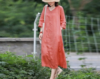 Women's linen maxi dresses v neck linen long dress spring summer linen dresses for women soft custom hand made dress boho N286