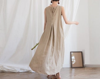 Sleeveless linen dresses, linen maxi dress, loose custom oversized dress boho soft casual summer fall dress plus size clothing N168