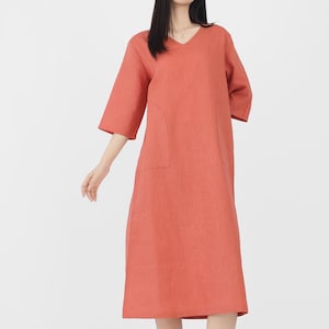 Linnen jurken voor vrouwen 3/4 mouw jurk 100% linnen V-hals jurk losse oversized maxi jurk met zak minimalistische A-lijn aangepaste jurk F122