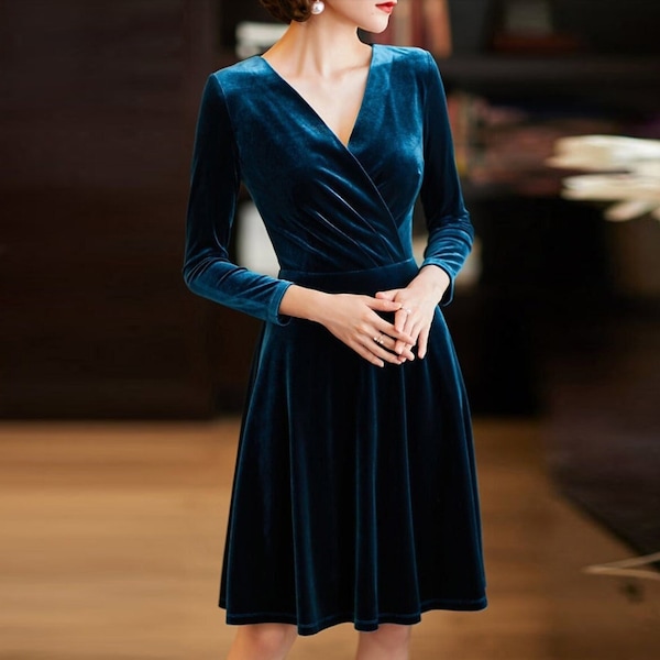 Velvet Dress women v neck velvet short dress with long sleeves autumn winter velvet bridesmaid dress wedding dress fit and flare dress N149