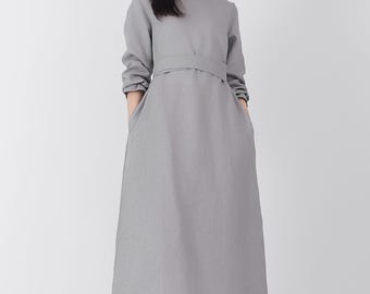 Long sleeve linen dress long linen dress for woman 100% linen long midcalf belt dress waist belt dress handmade soft fall spring dress F584