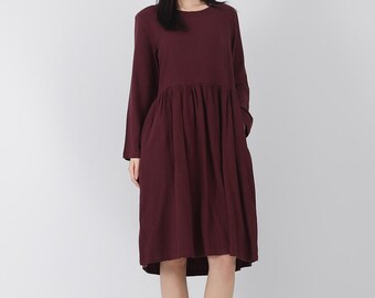 Women's Long sleeve dress cotton linen dress with pockets long caftan casual loose dress long sleeve Robes customized plus size clothing A43