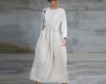 Women's linen maxi dress long sleeves dress fall spring long dress pure linen dresses for women soft casual plus size dress boho N154