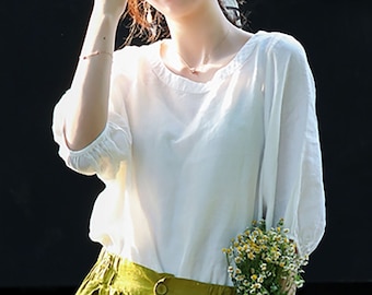 Women's Romantic Linen Blouse With Puff Sleeves Relaxed Fitting Half Sleeves Linen Top 100% Linen Oversized Shirt Plus Size Clothing N301