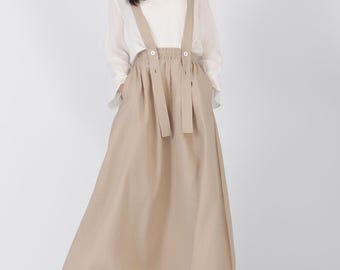 Women pure linen skirt Suspender skirt loose soft casual skirt High-waisted A line midi skirt Skater skirt with suspenders and pockets R12B