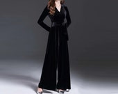 Women Velvet jumpsuits V neck Long Sleeves Rompers Wide Leg Jumpsuits Loose Soft Winter Jumpsuits with Belt Overalls Plus Size Clothing R58