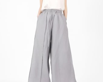 Pantaloni da donna boho a gamba larga, eleganti pantaloni a gamba larga, pantaloni da spiaggia fluidi in lino F168