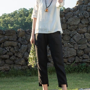 Pantalon en lin doux, pantalon long droit en lin, maxi pantalon décontracté en lin, automne printemps, pantalon long fait main sur mesure, pantalon grande taille N106-1