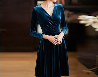 Velvet Dress women v neck velvet short dress with long sleeves autumn winter velvet bridesmaid dress wedding dress fit and flare dress N149