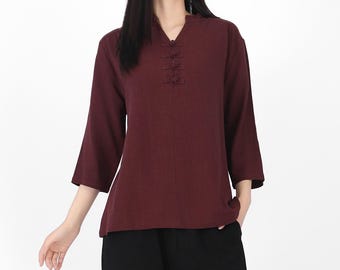 Women's linen T-shirt 3/4 sleeves V neck linen cotton shirt loose linen blouse plus size linen tops Oversized linen shirt summer tops B68 07