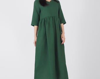 High Waist Dress Casual Loose Custom Dress Half Sleeves Dress V Neck Linen Dress Loose Fit Dress Plus Size Clothing Boho Pleat Dress F125