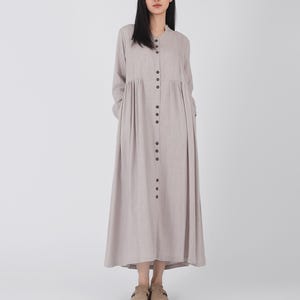 Linen dresses for women V neck long sleeve midi dress with button cotton Kaftan Spring Fall shirt dress Casual Loose plus size clothing A87