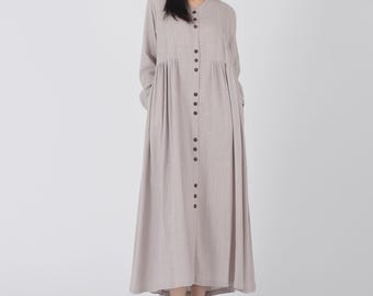 Linen dresses for women V neck long sleeve midi dress with button cotton Kaftan Spring Fall shirt dress Casual Loose plus size clothing A87