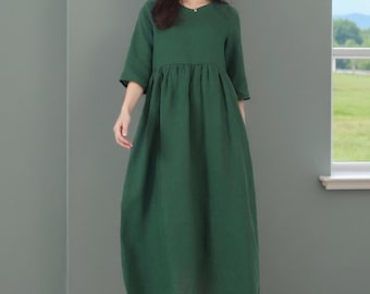 High Waist Dress Linen Midi Dress Half Sleeves Linen Tunic Shift Dresses Summer Loose Fit Plus Size Linen Clothing Boho Pleat Dress F125