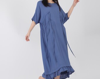 Women's linen cotton dress  oversized loose linen summer dress soft linen dress romantic dress waist belt dress plus size dress F38