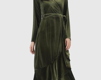 Vestido de terciopelo con escote en V y cinturón, vestido de manga larga, vestido de regalo de boda, vestido midi, vestido hecho a medida, vestido de Navidad, vestido elegante para fiestas R13 8