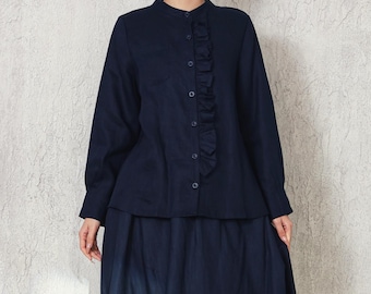 Relaxed Fit 100% Linen Button-Down Shirt Long Sleeve Woman's Blouse with Ruffled Stand Up Collar Custom Victorian Linen Shirt M035