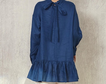 Saldi del 50%/Taglia L/Colore blu/Top a maniche lunghe con orlo arricciato, camicetta ampia in lino a trapezio con fiocco sul retro M024