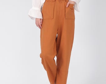 50% Sales/S Size/Tan Color/Women's cotton linen pant elastic waist trousers soft casual loose boho pants summer linen pants with pockets B32