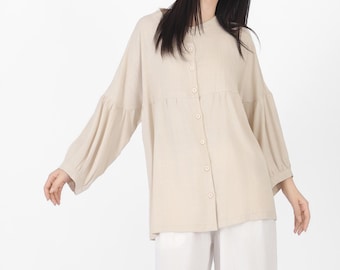Camicia da donna in cotone e lino, camicetta in lino con maniche a palloncino, camicetta con maniche a sbuffo, camicetta in lino oversize, camicia da donna ampia in lino con bottoni, camicetta F91