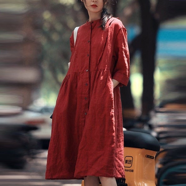 Abiti in lino per donna, abito estivo midi in lino al 100%, abito taglie forti, abito personalizzato, abito casual largo fatto a mano, abito lungo in lino N48
