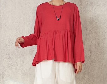 Handmade Linen Peplum Blouse with Buttoned Back Long Sleeve Casual Top Loose Fit Round Neck Boho Top F859