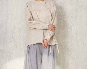 Handmade Linen Blouse, Women's Stand Collar Long Sleeve Shirt, Plus Size Coat M023