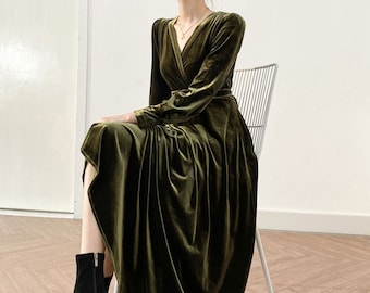 Women Velvet Dress, Midi Dress, Long Sleeves Dress, Custom Oversized Dress, Winter Wrap Dress Plus Size Clothing Party Wedding dress R62