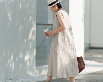 Vestido de lino sin mangas para mujer, vestido midi de lino, vestido de tirantes, vestido bohemio holgado, suave y cómodo de gran tamaño, ropa de lino para primavera y verano F510