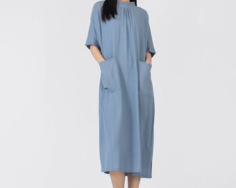 Linen Dress with Pockets Casual loose Soft Dress, Half Sleeve Dress Oversize Summer Fall Dress Custom Plus Size Dress Handmade Clothing F574