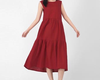 50% Sales/M Size/Red Color/Summer casual loose tunics maxi sundress sleeveless robes plus size clothing linen dress for women F52