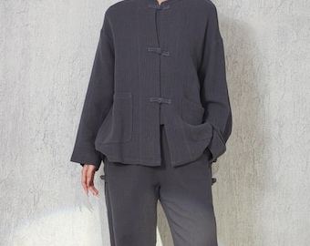 Thicker Cotton Linen Blouse Button Down Warm Tops Long Sleeves Shirt Blouse Outwear Spring Fall Jacket M025