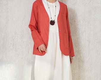 Women 100% Linen Jacket Flax Blouse Short Linen Jacket Spring Summer Fall Plus Size Cardigan Custom Loose Casual Coat F840