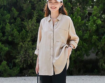 Damestop linnen shirtblouses 100% linnen top met lange mouwen oversized shirt op maat losse linnen kleding plus size blouses voor vrouwen F517