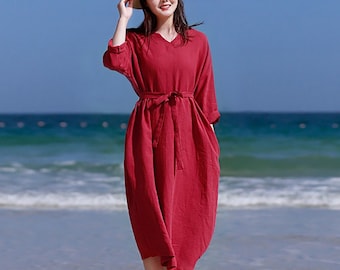 V-neck Linen Dress For Women Linen Robe Long Sleeves Dress With Belt Large Beach Dress Oversized Basic Flax Dress Plus Size Clothing T058