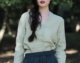 Women's 100% Linen Tops Loose Casual Linen Cardigan Spring V-neck Long Sleeves Coat Plus Size Blouse Oversized Custom Clothing Boho F03